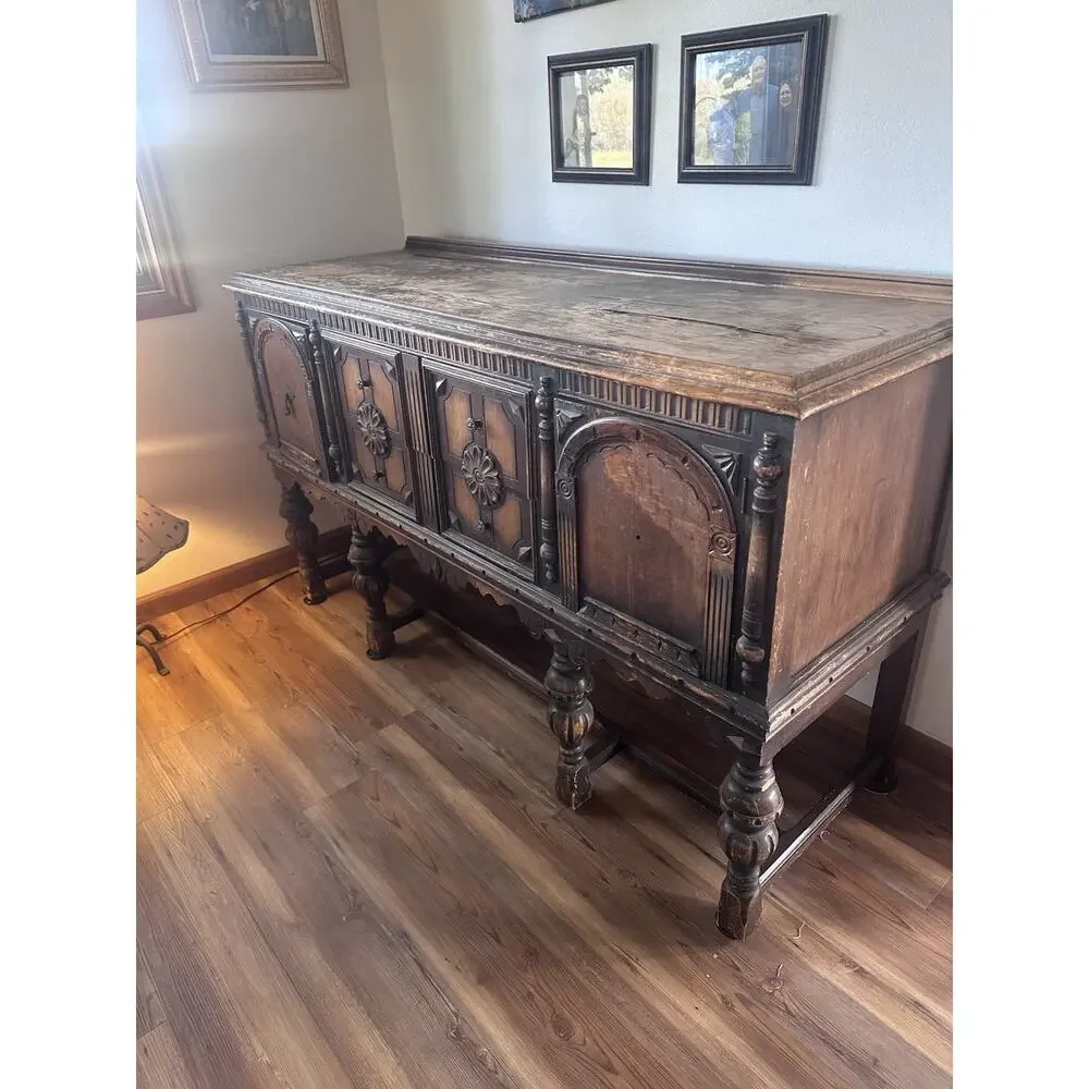 Jacobean Revival Carved Oak Sideboard Buffet Server Credenza